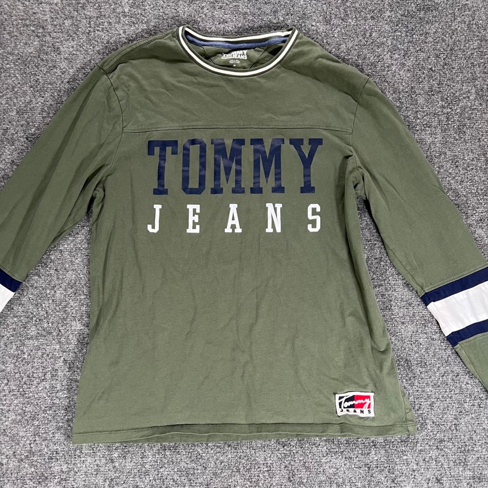 Tommy Jeans Mens Olive Green Long Sleeve Graphic T-Shirt Medium Varsity Stripe